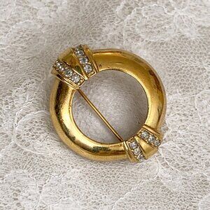 Vintage Signed Avon 1985 Gold Tone Circle Brooch White Rhinestones Art Deco Pin